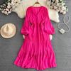 Elegant Green Bohemian V Neck Lantern Sleeve A Line Vestido Holiday Party Dress Sweet Chic Casual Women Fashion Solid