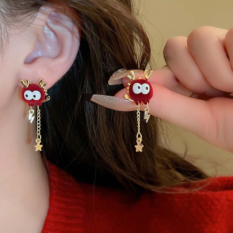 Chinese Style 2024 Red Little Lion Bell Pendant Earrings for Women Cute Dragon Earrings New Year Festive Jewelry Gifts