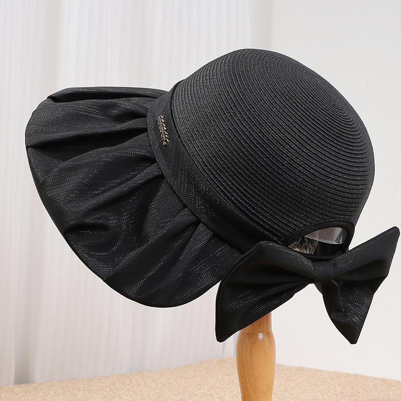 Spring and summer new French straw hat women's big-brimmed sun hat fabric splicing pleated sunscreen hat fine-woven papyrus