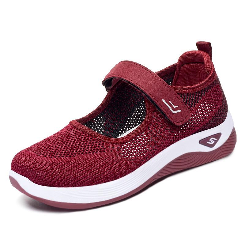 Women's Middle-Aged & Elderly Mother's Shoes – Shallow Breathable Flat Fly-Knit Casual Shoes, Velcro Walking Shoes for Seniors