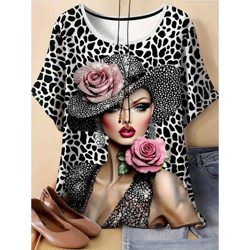 Plus Size, Women s Plus Size Elegant Portrait Print T-Shirt S