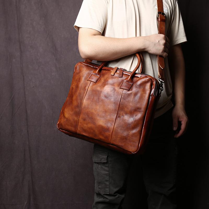 NZPJ Retro Handmade Top Layer Cowhide Leather Men's Handbag Vegetable Tanned Horizontal Computer Bag Zipper Briefcase