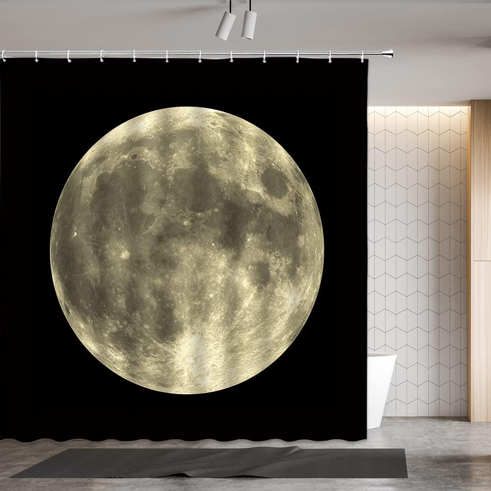 Full Moon Shower Curtain Mysterious Gray Planet Black Background Bathroom Decor Fabric Curtains with Hook 70Wx70H Inches