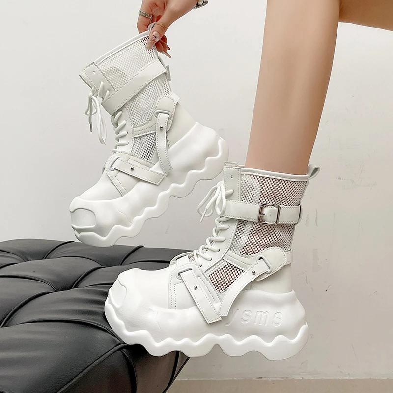 Fashion 8CM Women's Leather Ankle Boots Summer Heels Chunky Sneakers High Platform Zip Motorcycle Fashion Big-headed Short Boots Woman