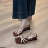Soft Leather Version~ French Temperament One-word Thin Strap Wedge Sandals Women's Head with Skirt Open-toed High-heeled Roman Sandals