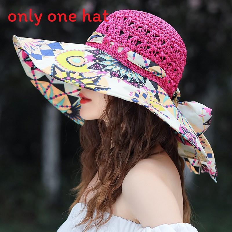 

Floral Pattern Large Brim Straw Hat With Breathable Design For Summer Magenta