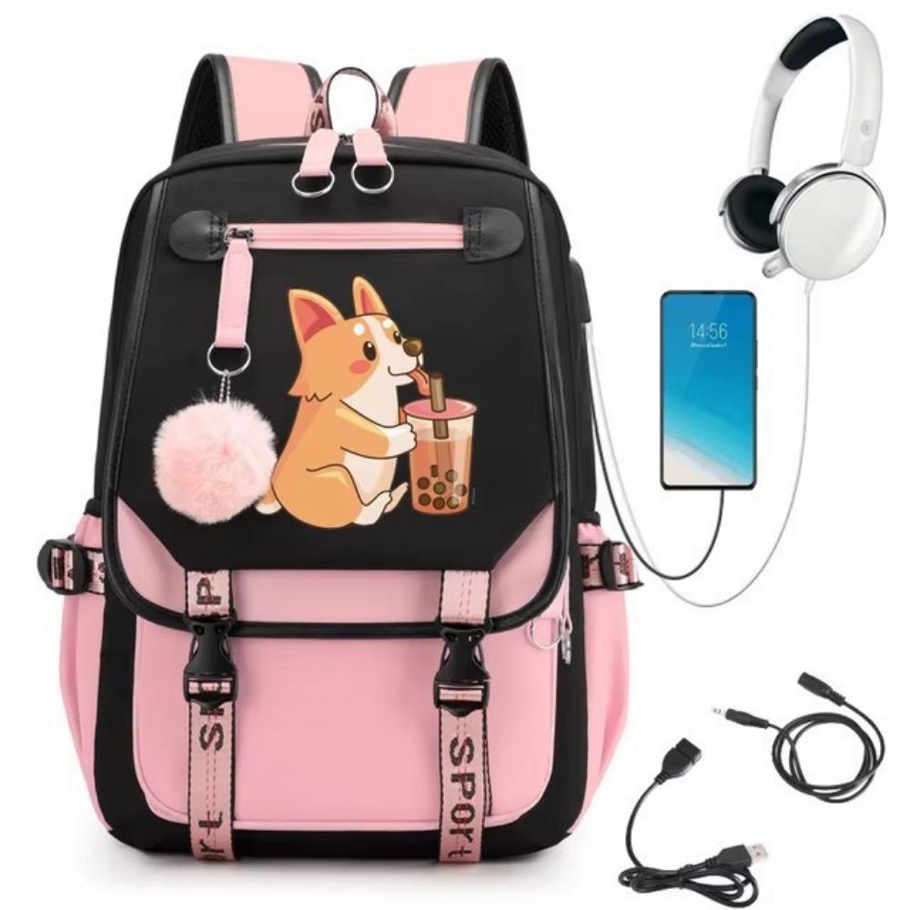 Cute Pattern Corgi Drink Milk Tea Printed Schoolbag Middle School Student Junior High School Large Capacity Schoolbag Travel Bag