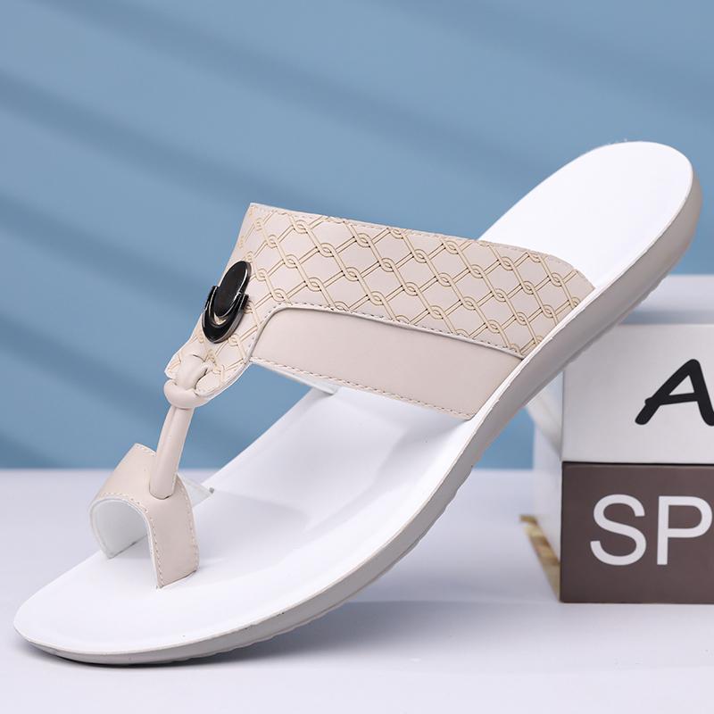 Men Black Leather Slippers Simple Flats Summer White Flip Flops Outdoor Sandals Open Toe Beach Shoes Plus Size