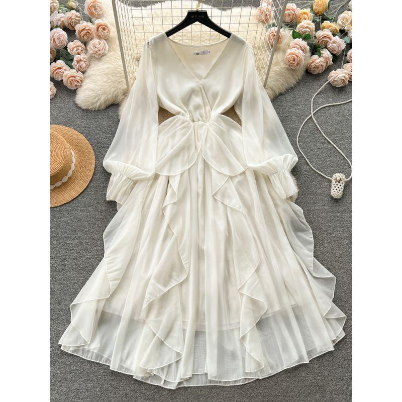 Elegant V Neck Silm Mid Length Long Length Ruffles Dress