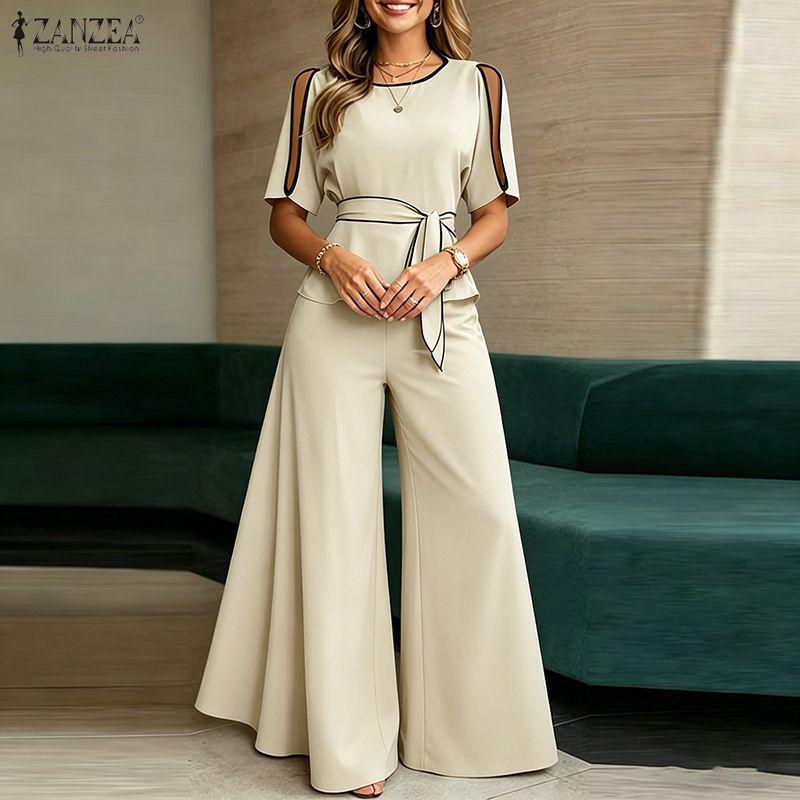 ZANZEA Women Hollow Half Sleeve Blouse and Wide Leg Pants Casual Two Piece Suit Sets