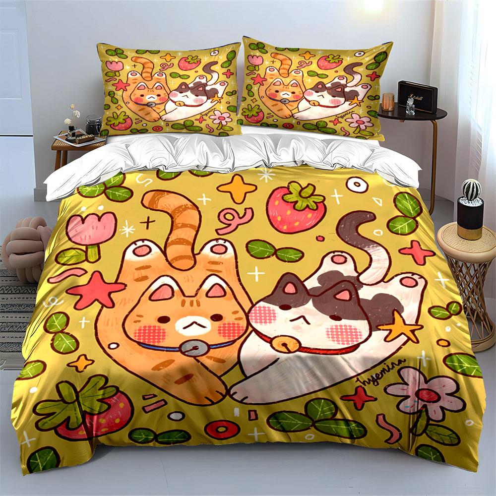Cute Cats with Strawberries Pattern Bedding Duvet Cover Set Duvet Cover Pillowcases (1*Duvet Cover 2*Pillowcases, Without Duvet Insert)
