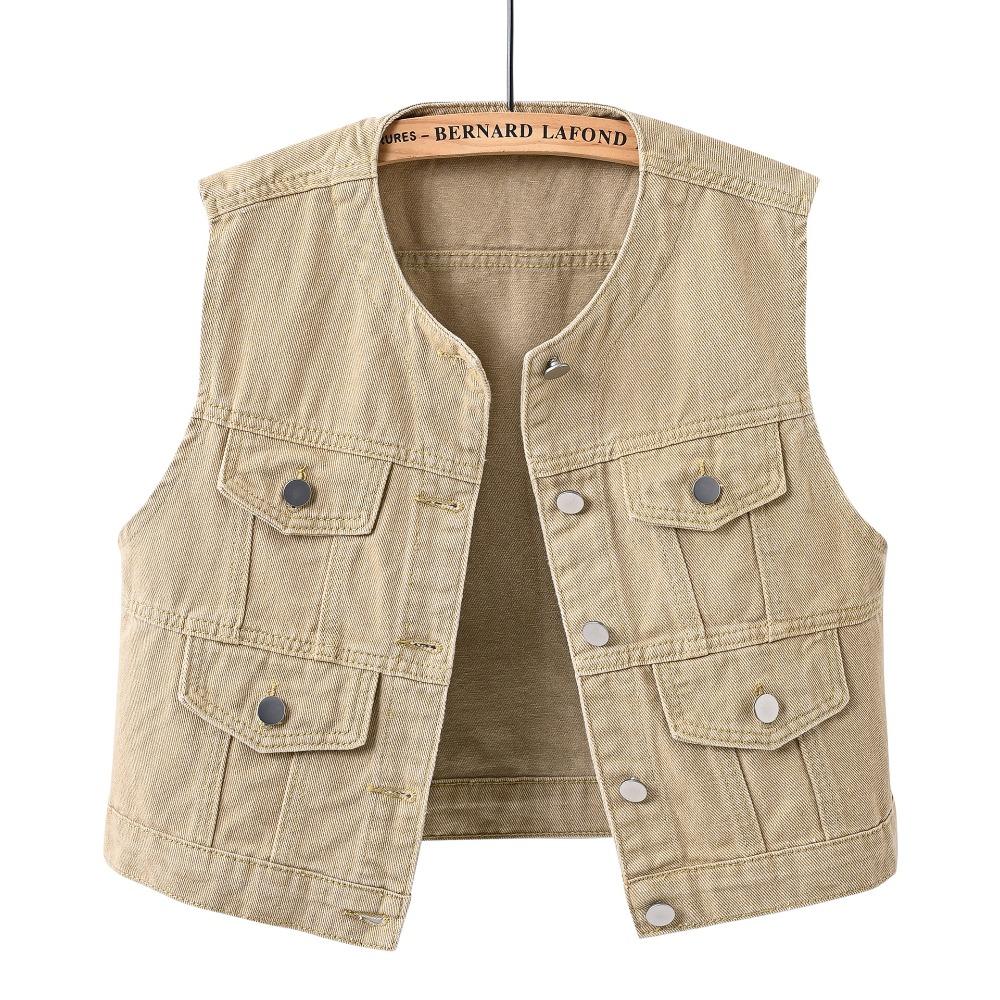 

Модный женский джинсовый блейзер с круглым вырезом, укороченный жилет, повседневный и модный, приталенный, без рукавов, блузон S хаки