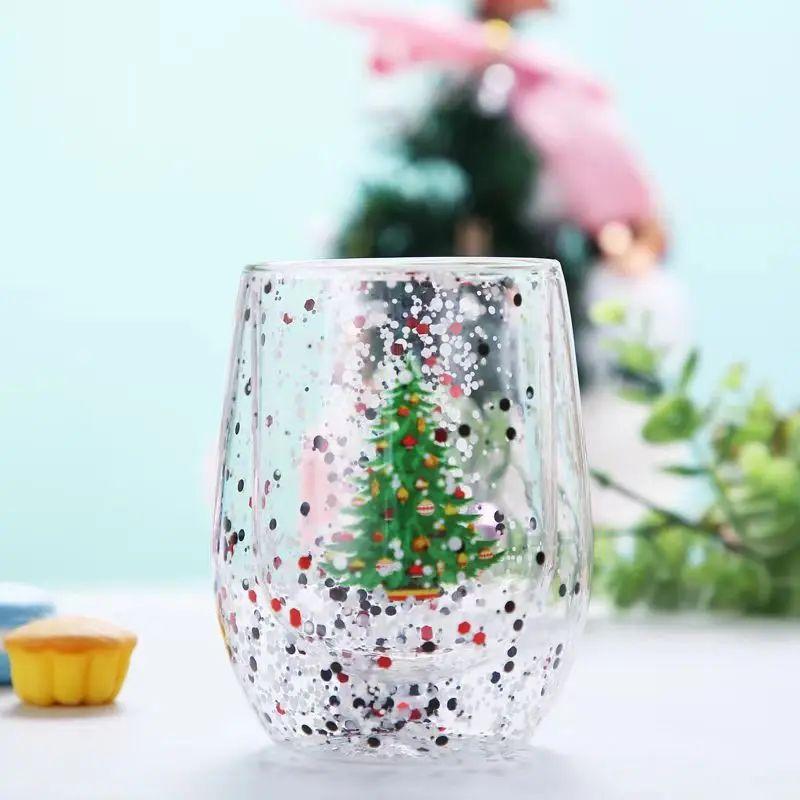 YWDL Double Wall Christmas Glass Cup High Borosilicate Glass Mug Heat Resistant Tea Milk Coffee Cup Drinkware Christmas Gift