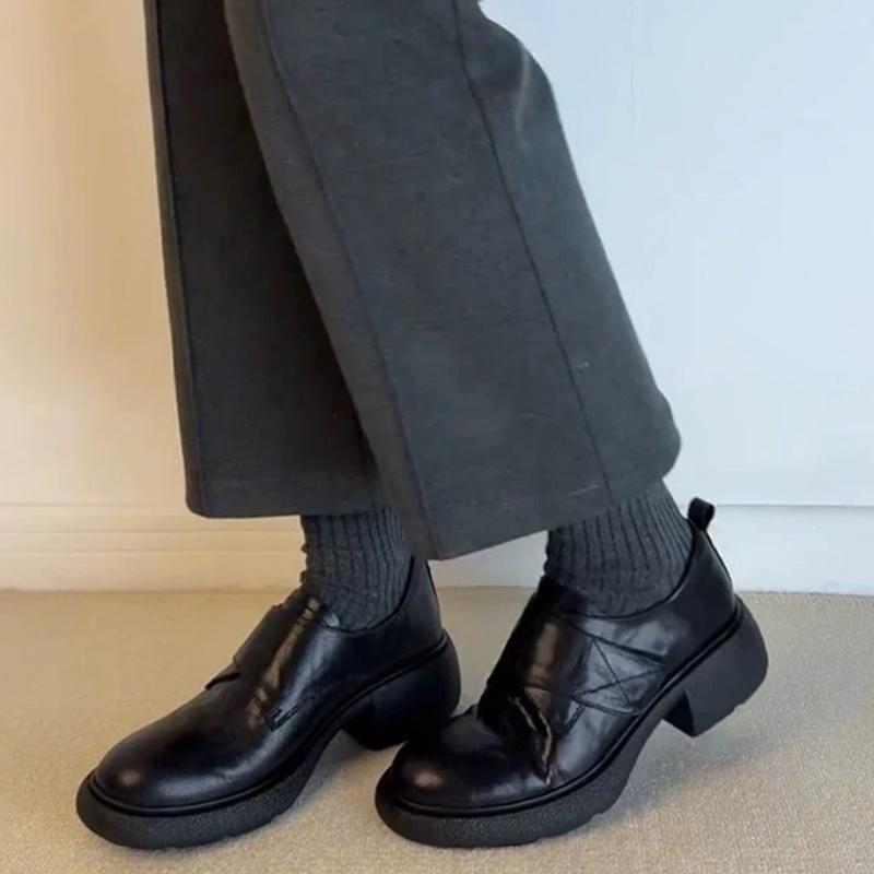 Fashion New Spring Autumn Women Pumps 2025 Fashion Round Toe Chunky Heels Loafers Casual Elegant Leather Slip On Women Mid Heels Shoes