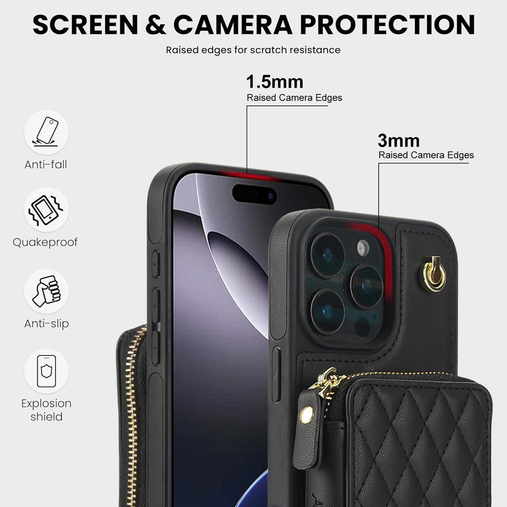 Quilted Zipper Wallet Phone Case For IPhone 15/14/13/12 - 7 Colors Leather Card Holder Cover