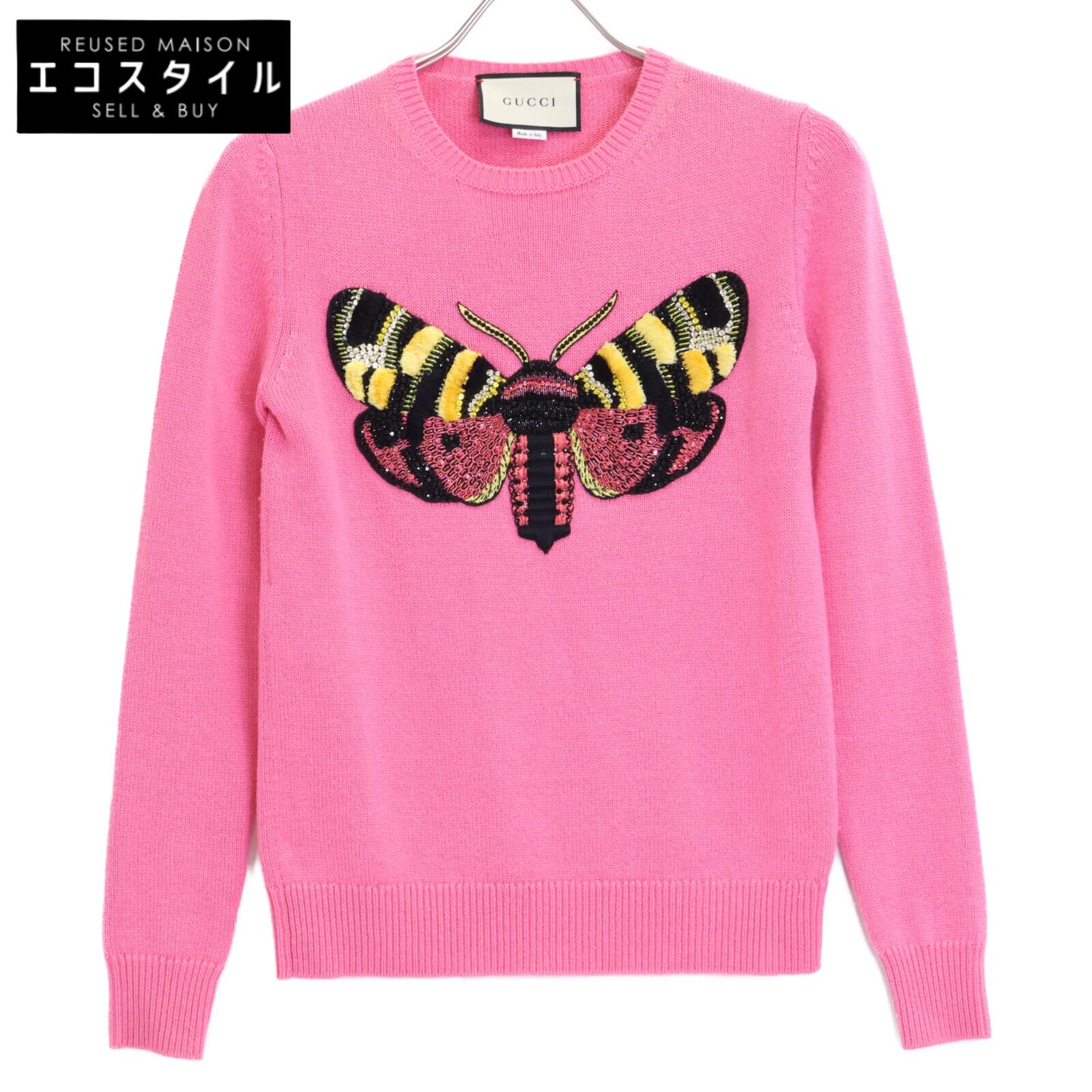 

GUCCI [Domestically Authorized] 493517 Beaded/Sequined Bee Embroidered Cashmerex Silk Crew Neck Knit Sweater tops XS pinkUsed