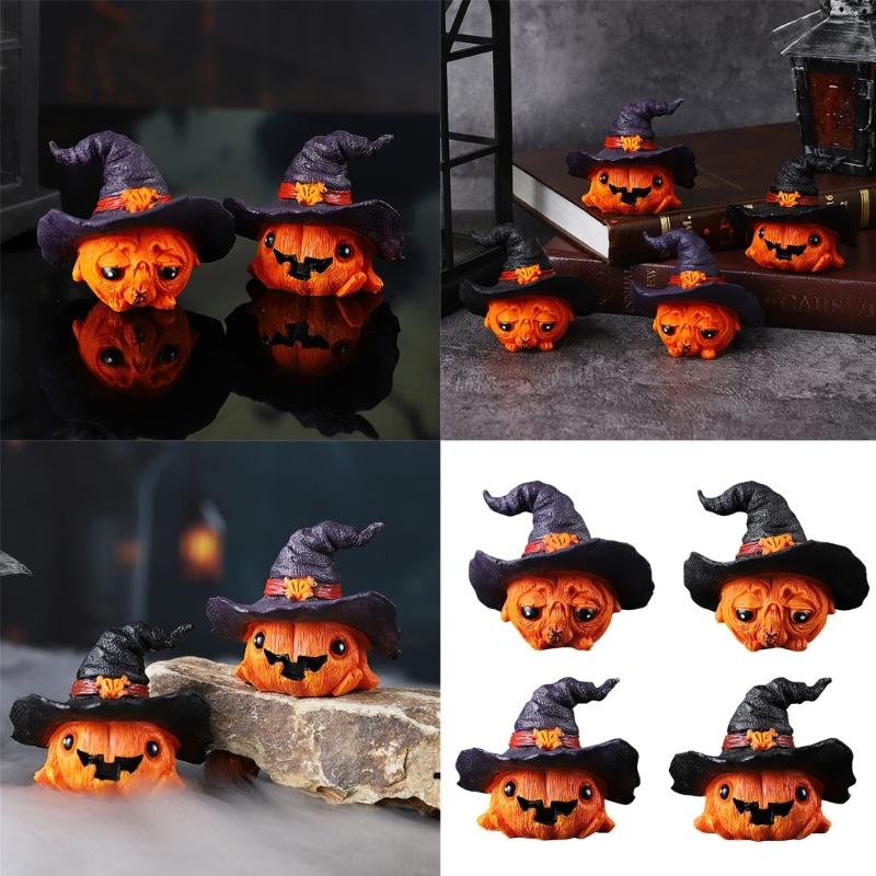 Resins Witch Hat Pumpkin Miniature Figurine Halloween Home Office Tabletop Decors Festives Shelf Display Ornament Gift