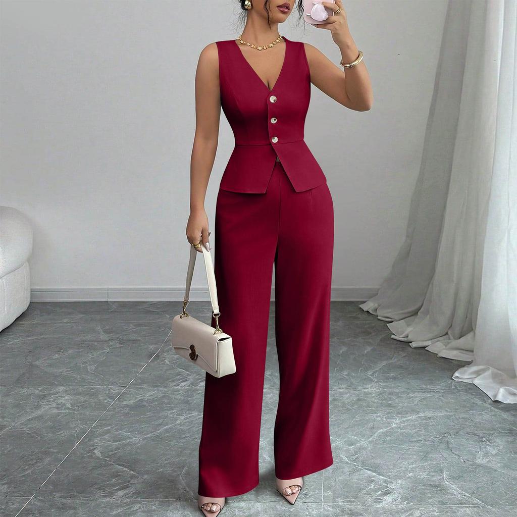 Women's 2-Piece Fashion Casual Sleeveless Tailored Vest + V-Neck Loose Top + High-Waisted Wide-Leg Pants Loungewear Set