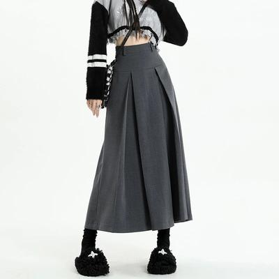 Vintage Grey Suit A-line Skirt Women's Spring Autumn College Style High Waist Pleated Midi Skirt