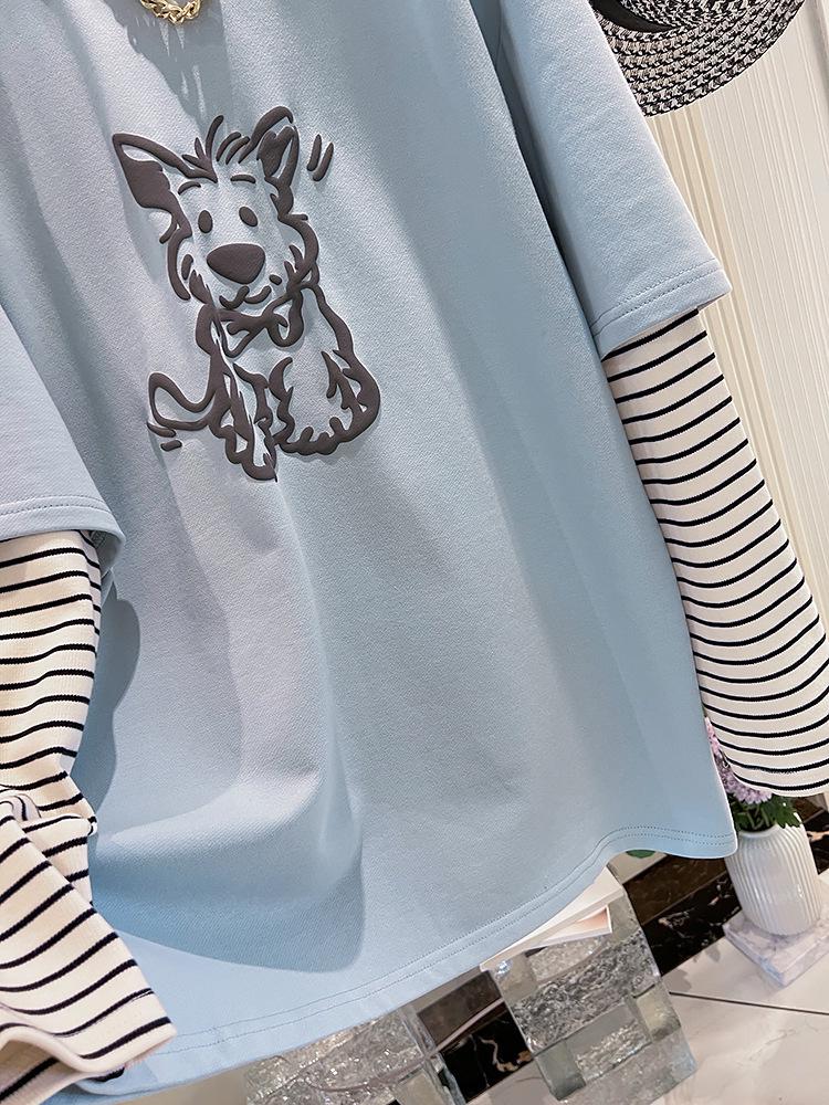 Plus Size Cartoon Striped Long-Sleeve Two-in-One Women's T-Shirt