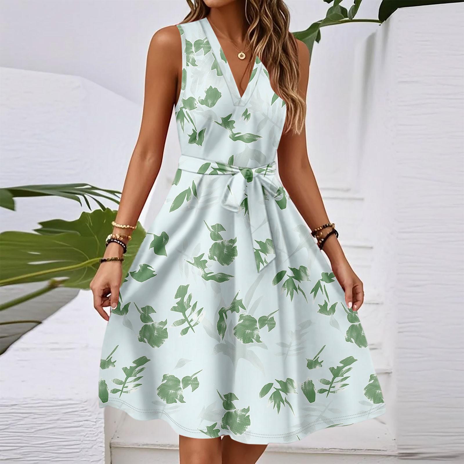 

Женское весенне-летнее повседневное платье миди с V-образным вырезом без рукавов и цветочным принтом на талии M зелёный