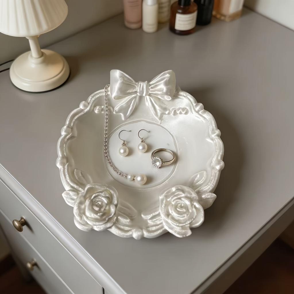 1Pc 3D Printed Pearl White Bow Rose Tray Vintage Embossed French Light Luxury Jewelry Storage Tray Dressing Table Decorative Plate, Rose Bow