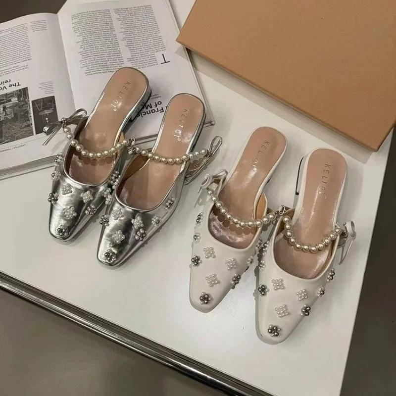 Fashion 2024 New Women'srs Mules Crystal Pearl Pointed Mary Jane Shoes Low Heel Sandals