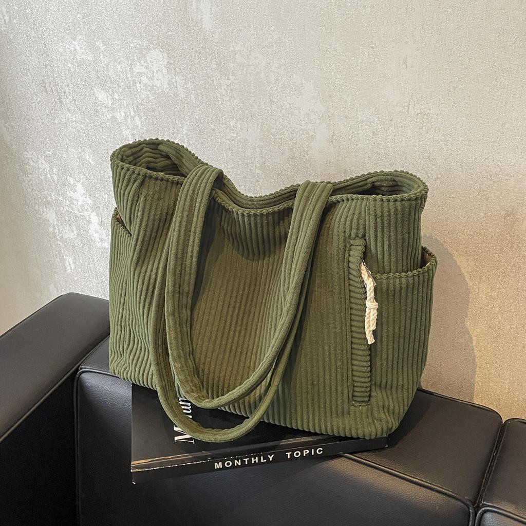 Simple Solid Color Large Capacity Women Corduroy Shoulder Tote Bag For Daily Use