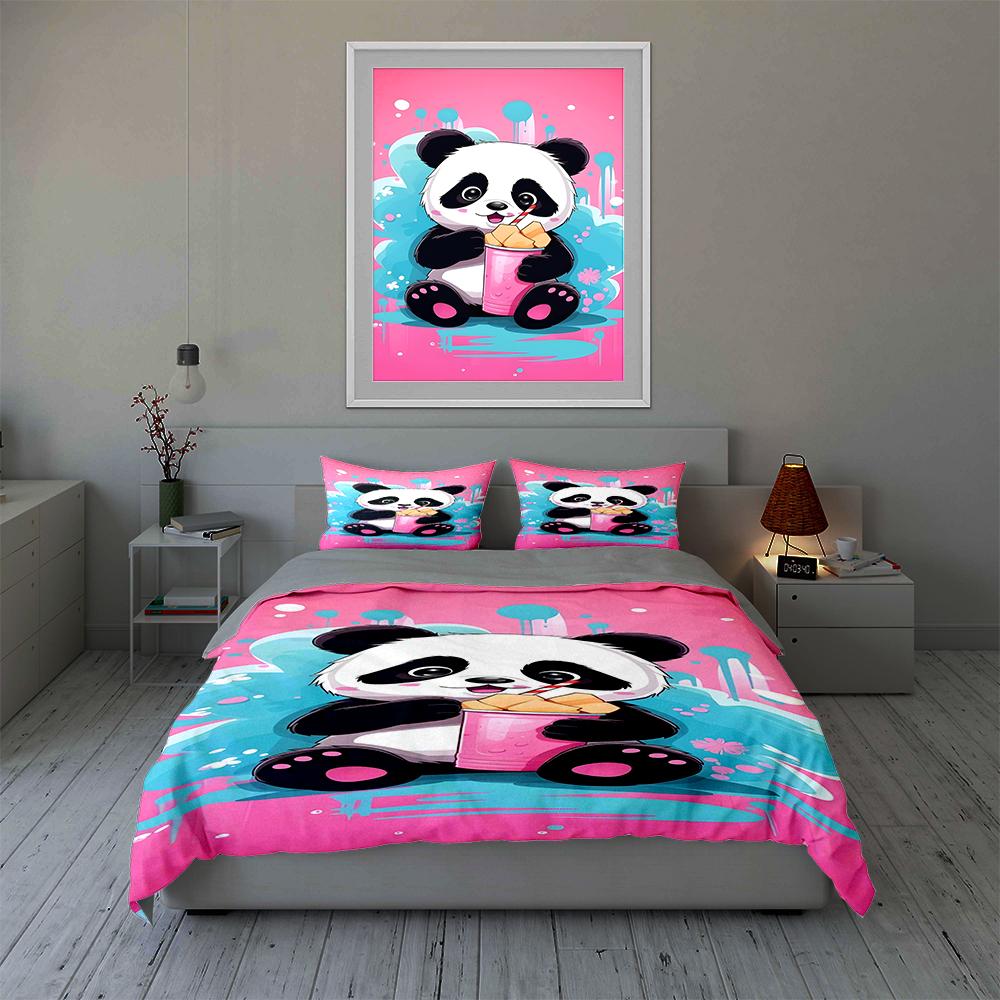 Panda holding drink. Bedding Duvet cover sets Duvet covers Pillowcases gifts (1 * Duvet Cover 2 * Pillowcases, without duvet insert)
