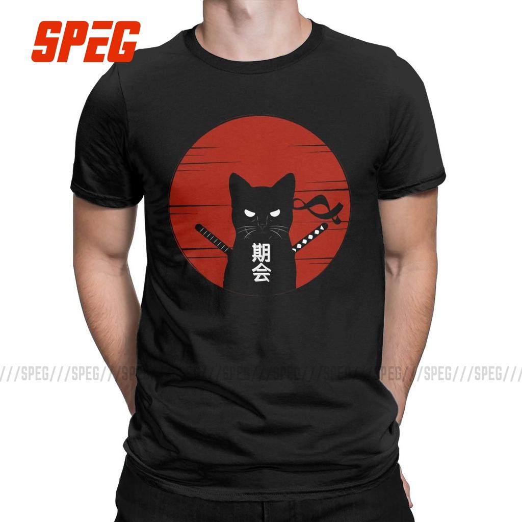 Samurai Cat Retro T Shirts for Men Ninja Japanese Text Leisure Tee Sunset Black Cat 100% C