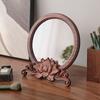 Handcrafted Polished Wooden Circular Makeup Mirror with Floral Base, Unscented, Portable for Bedroom, Bathroom, and Vanity