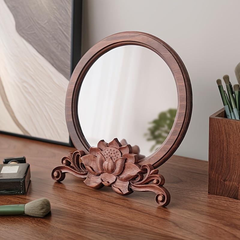 Handcrafted Polished Wooden Circular Makeup Mirror with Floral Base, Unscented, Portable for Bedroom, Bathroom, and Vanity