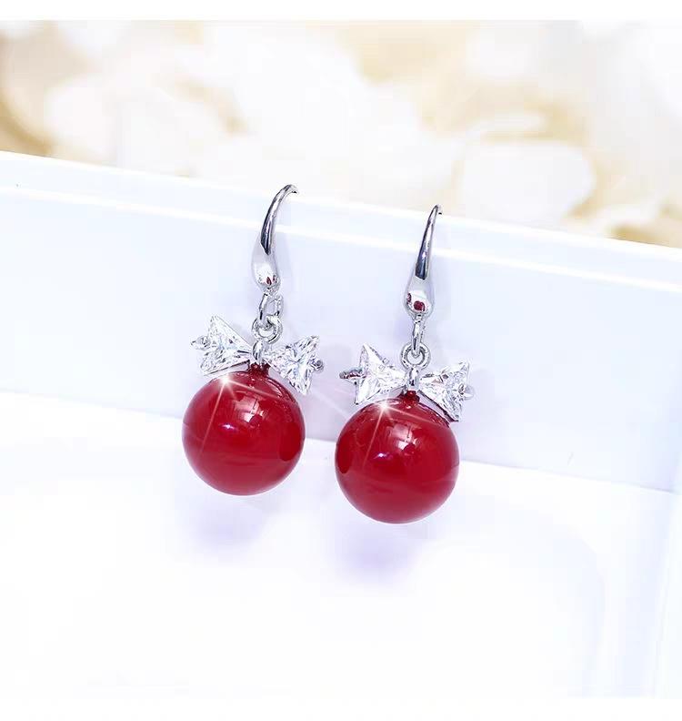 911 Silver Red Pearl Stud Earrings Celebrity Luxury Bow Zircon Versatile Internet celebrity hipster earrings