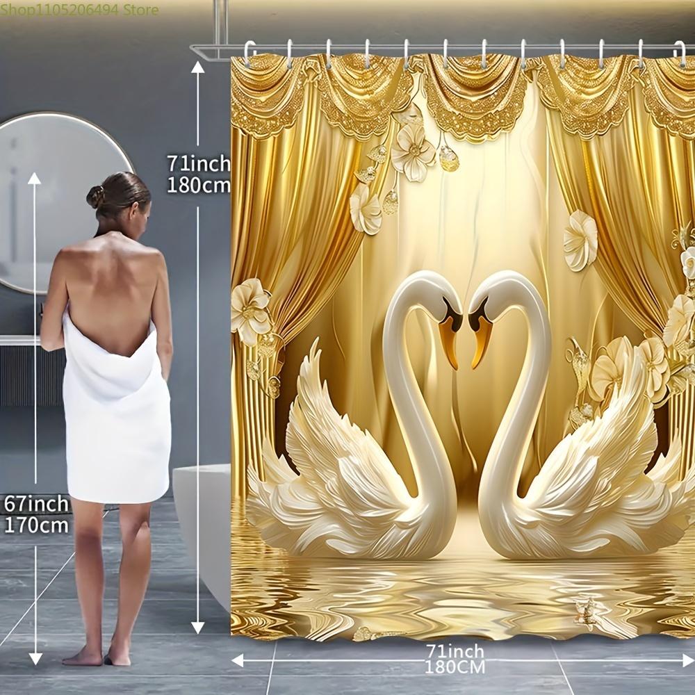 1/4pcs Golden 3D Swan Print Creative Shower Curtain Set, Decorative Bathroom Set Includes Shower Curtain, Non-Slip Floor Mat,