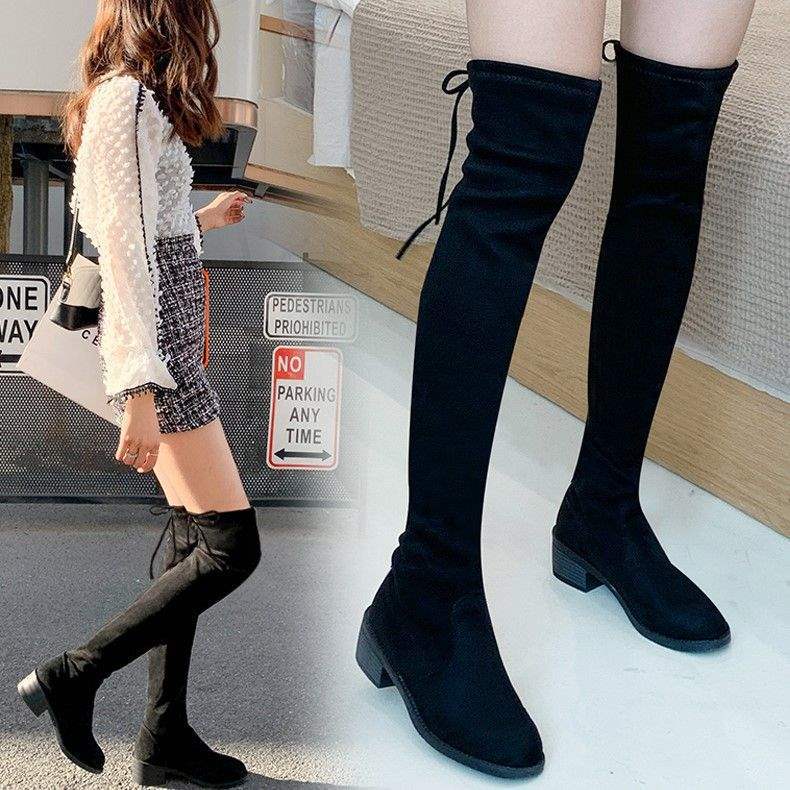 Knee Boots Winter Velvet New Small Elastic Thin Boots Thick Heel Long Boots High Boots Women