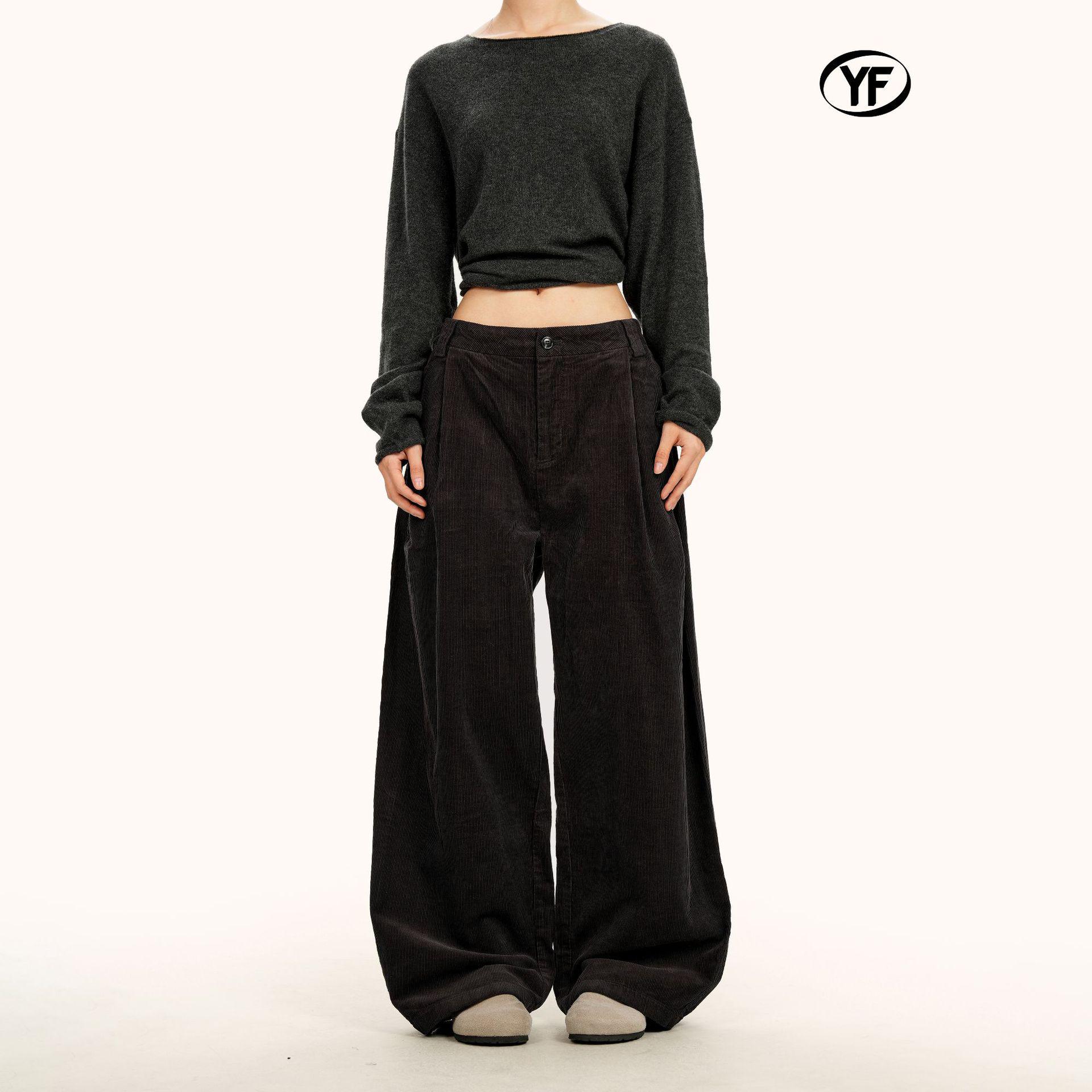 Yongfang Retro Corduroy Unisex Wide-Leg Pleated Trousers: Casual Autumn/Winter Pants L