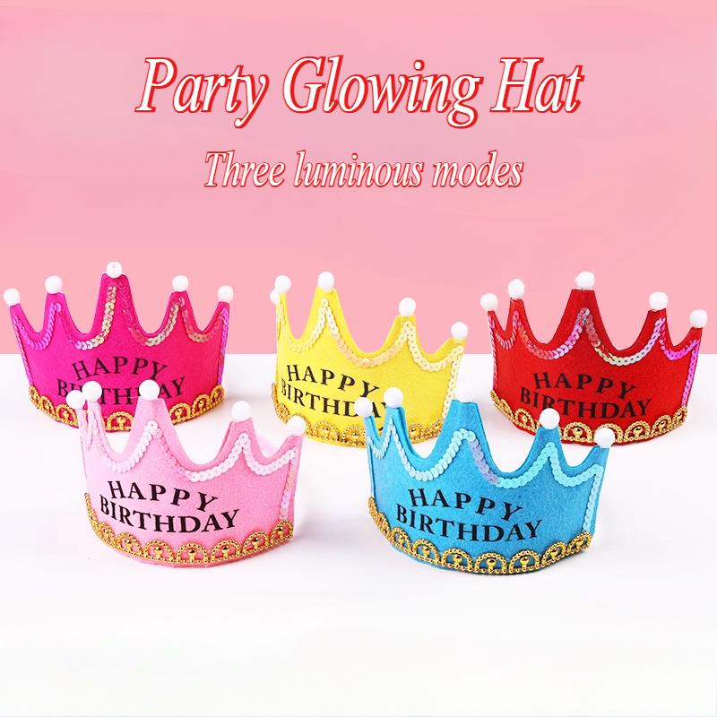 1PC LED Glowing Happy Birthday Hats Party Crown Glow Headband King Princess For Adult Child Xmas Decorations Atmosphere Supplies