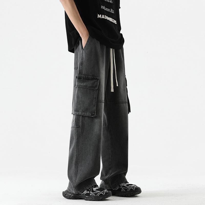 LKTM Men's Japanese Retro Multi-Pocket Workwear Jeans - Loose Straight Wide-Leg Pants