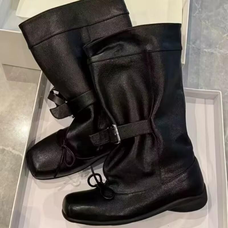 Fashion Belt Buckle Decoration Mid Calf Boots Women 2025 Autumn Square Toe Solid Black Ballet Style Boots Sweet Bowknot Booties