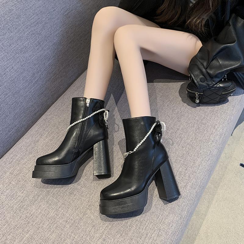 Fashion French Mid-Thigh Boots Women's Chunky High Heel Platform Pearl Buckle Korean Plus Size Ankle Boots