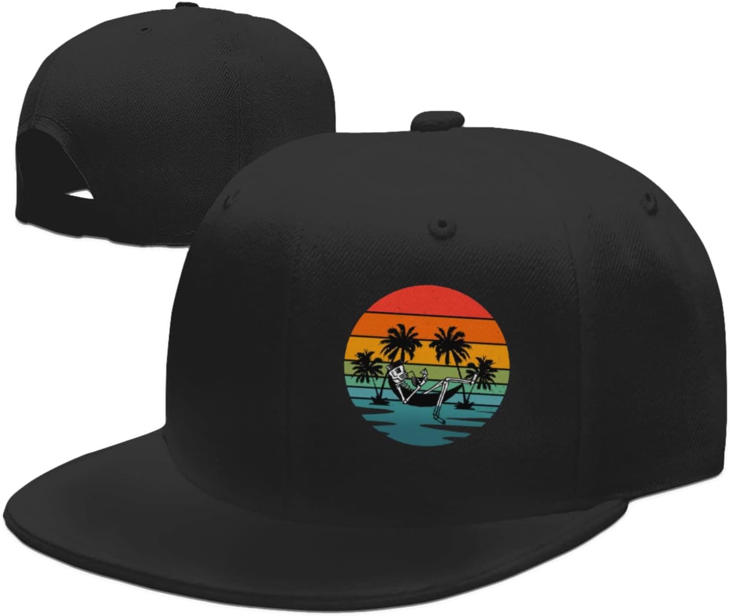 

Skeleton Relaxing Beach Sunset Palm Tree Snapback Cap Polyester Outdoor Adjustable Flat Bill Hat Adult One Size