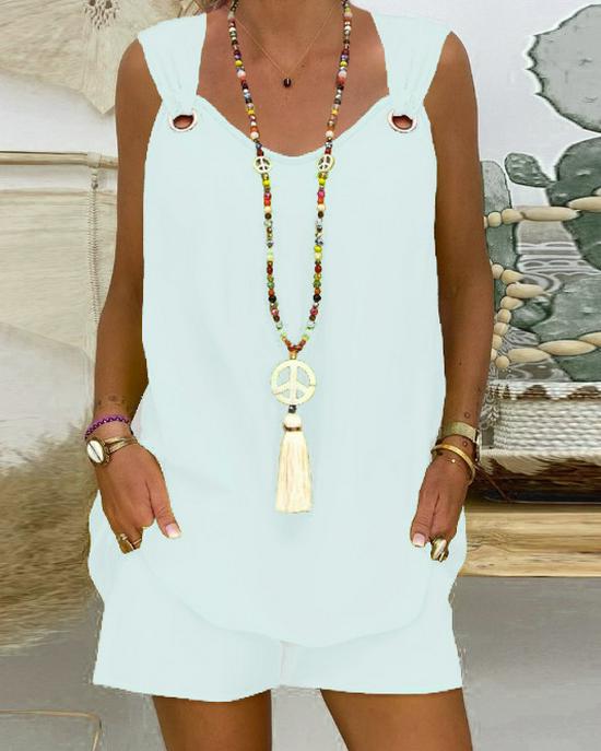 2024 Elegant Solid Color Women's Sleeveless Top & Shorts Set - European & American Style