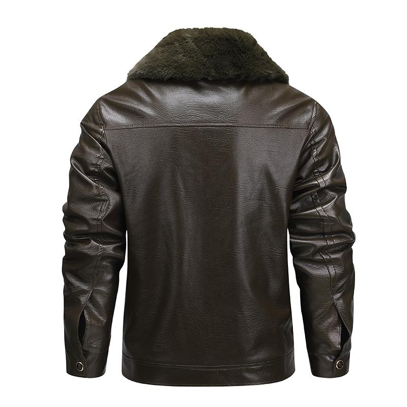 Men's Brown Faux Leather Jacket Fleece-Lined Warm Winter Coat with Fur Collar