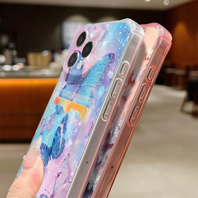 Card Slot Pocket Case For iPhone 17 16 Pro 15 14 13 Pro Max 11 Shockproof Gorgeous Butterfly Pattern Soft Silicone Phone Cover