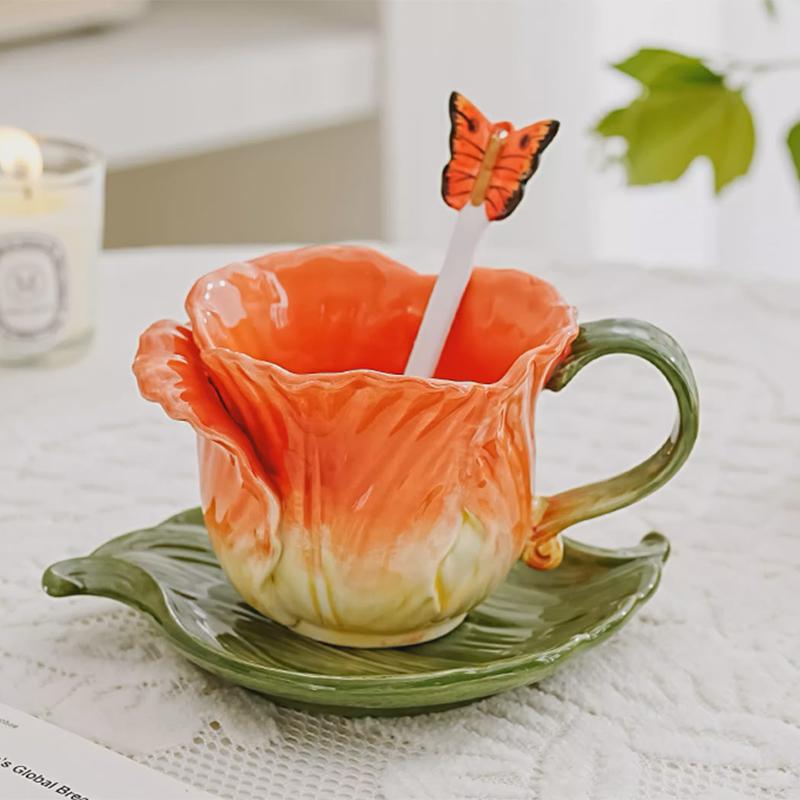Tulip Ceramic Coffee Cup Saucer and Spoon Exquisite for Afternoon Tea Flower Tea and Coffee Creative Embossed Flower Mug Gifts