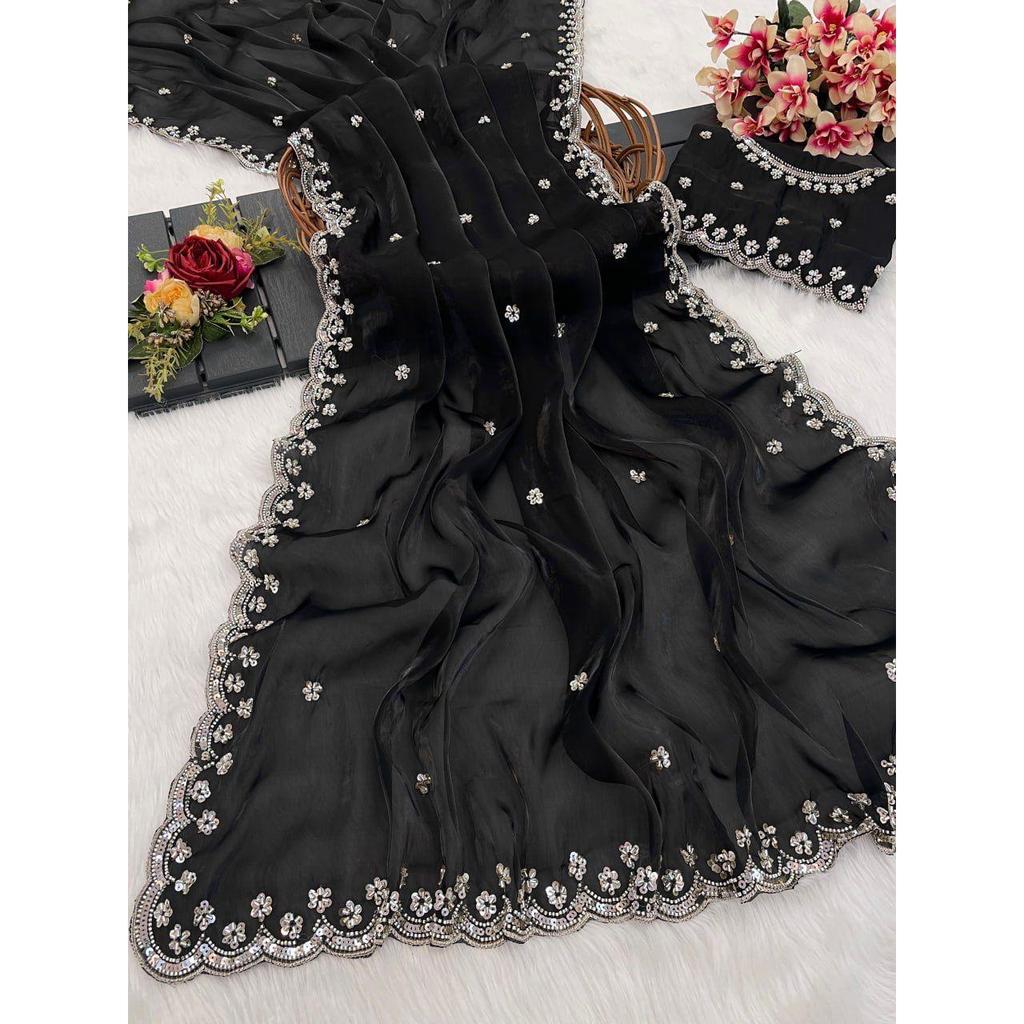 Latest New Wedding Wear Saree Heavy Embroidery Real Wal & Moti With Sequence Work*