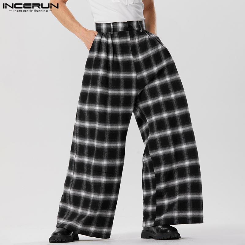 INCERUN Pánské kostkované ležérní dlouhé kalhoty s elastickým pasem