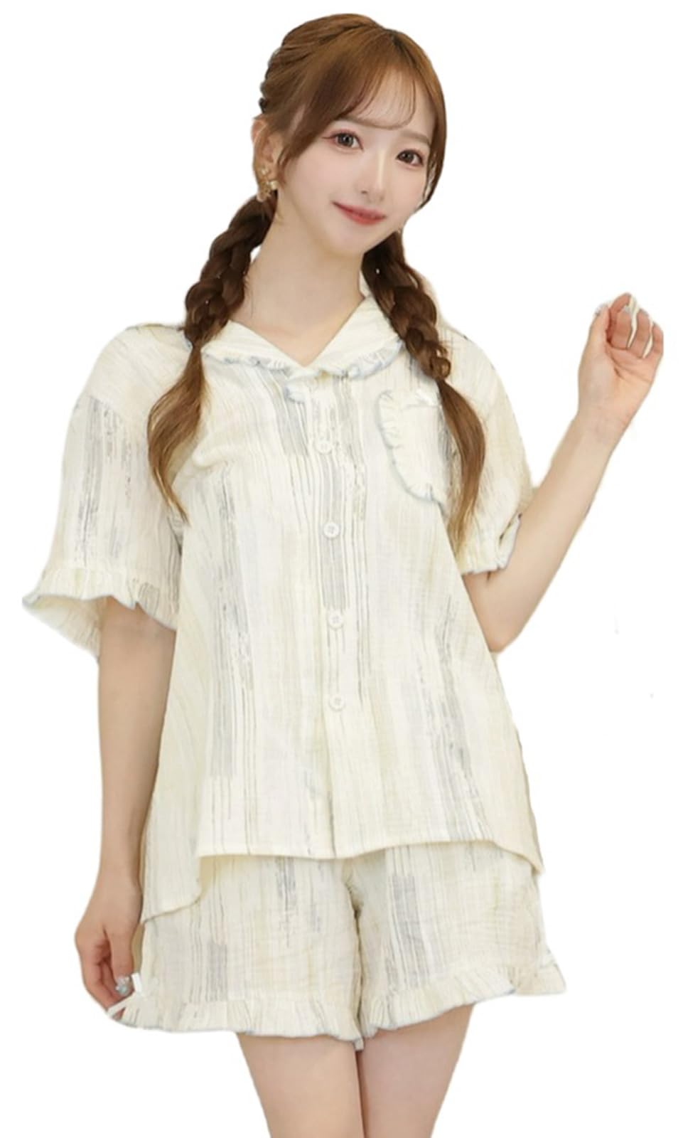 

RAVIR Cotton Double Gauze Short Sleeve Shirt and Shorts Easy to Put On and Take Size XL Women s 100% Pajamas, Set, Breathable, Moisture-Wicking, слоновая кость