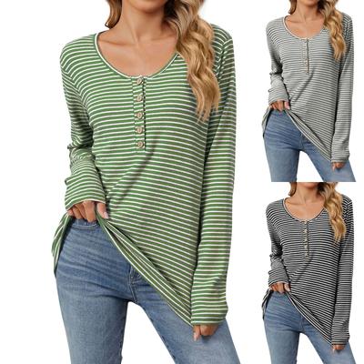 Women's Fashion Striped Loose Fit Casual Long Sleeve Button-Up T-Shirt Top