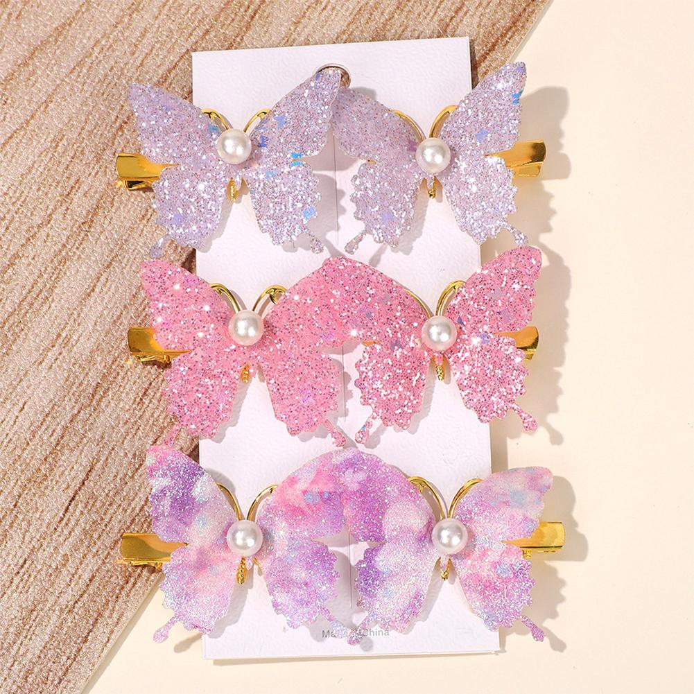 6Pcs Exquisite Sequin Butterfly Hair Clips Simulated Pearl Metal Bow Barrettes Colorful Fashion Hair Accessories For Women Girls